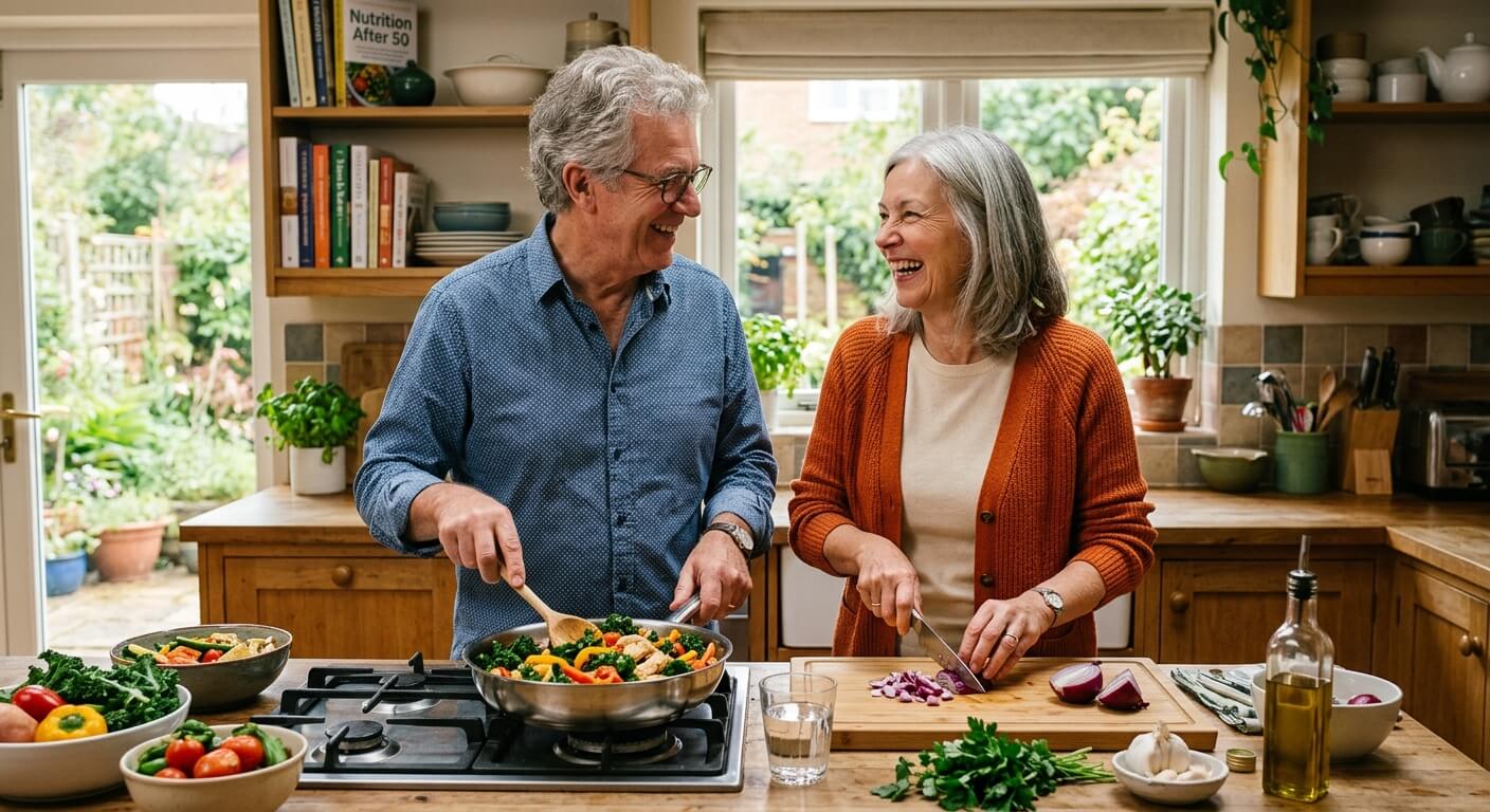 A couple in their sixties laughing while cooking a colorful meal at home