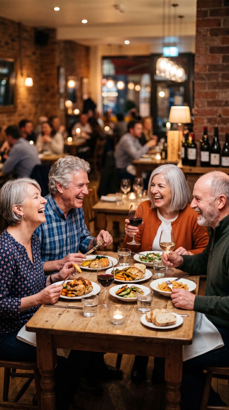 Four friends in their sixties laughing over dinner at a restaurant