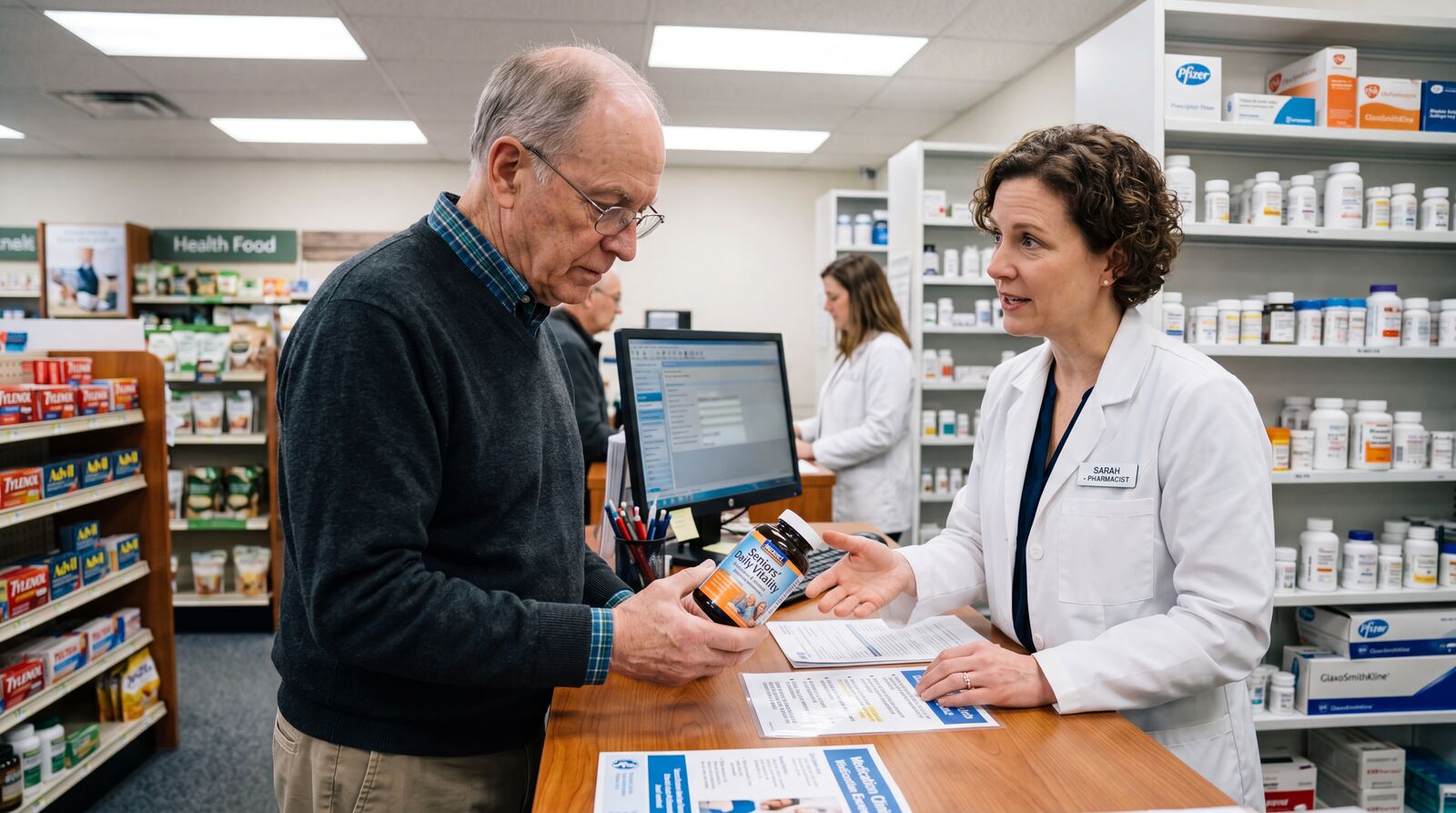 An older man asking a pharmacist about a supplement