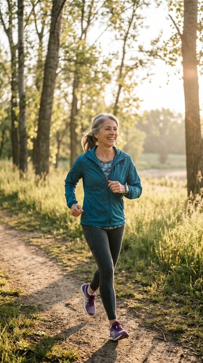 A woman in her sixties jogging on a sunlit trail